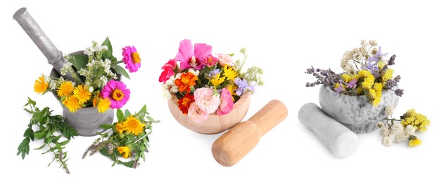 Image of Set of mortars with flowers on white background