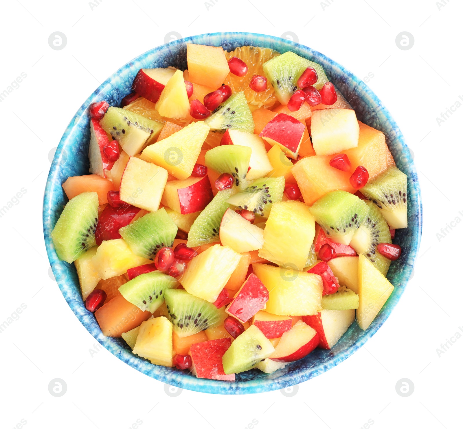 Photo of Bowl with fresh cut fruits on white background