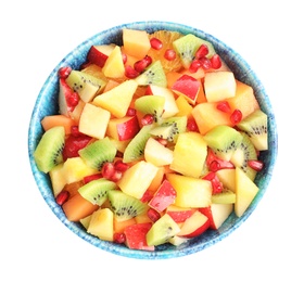 Photo of Bowl with fresh cut fruits on white background
