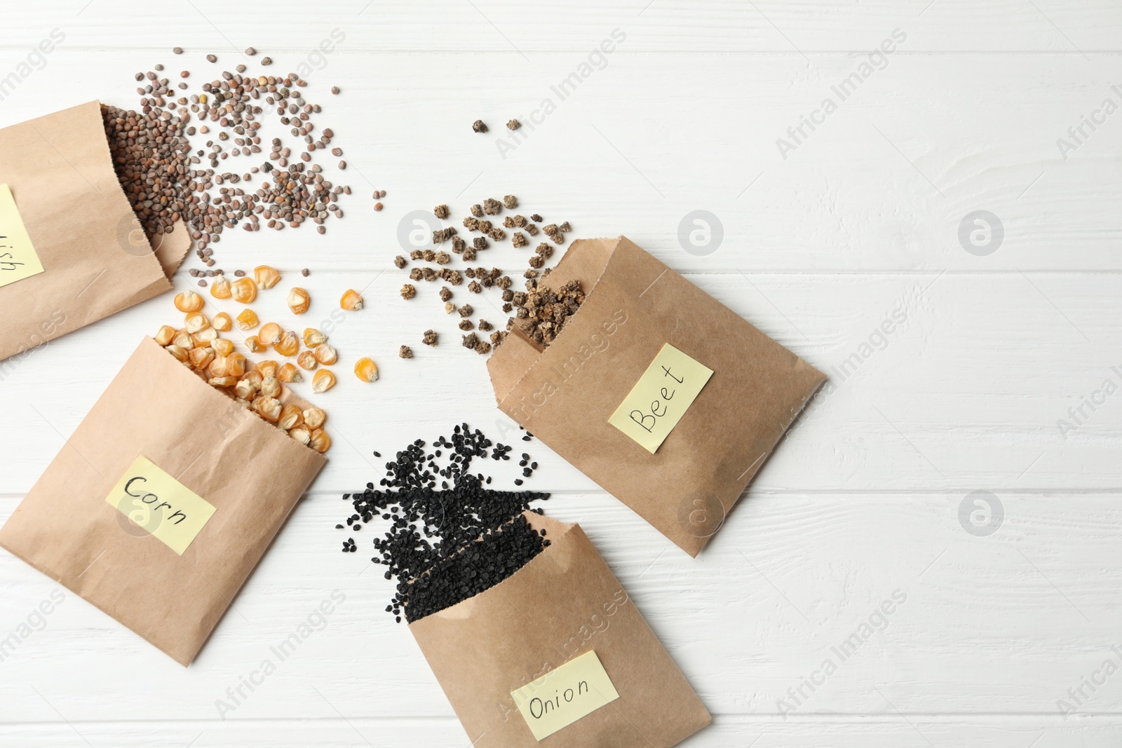 Photo of Different vegetable seeds on white wooden table, flat lay