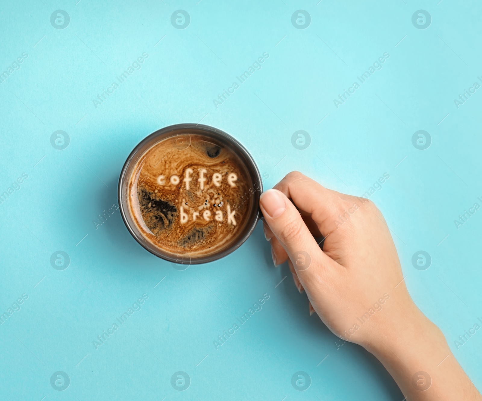 Image of Coffee Break. Woman with cup of americano on turquoise background, top view