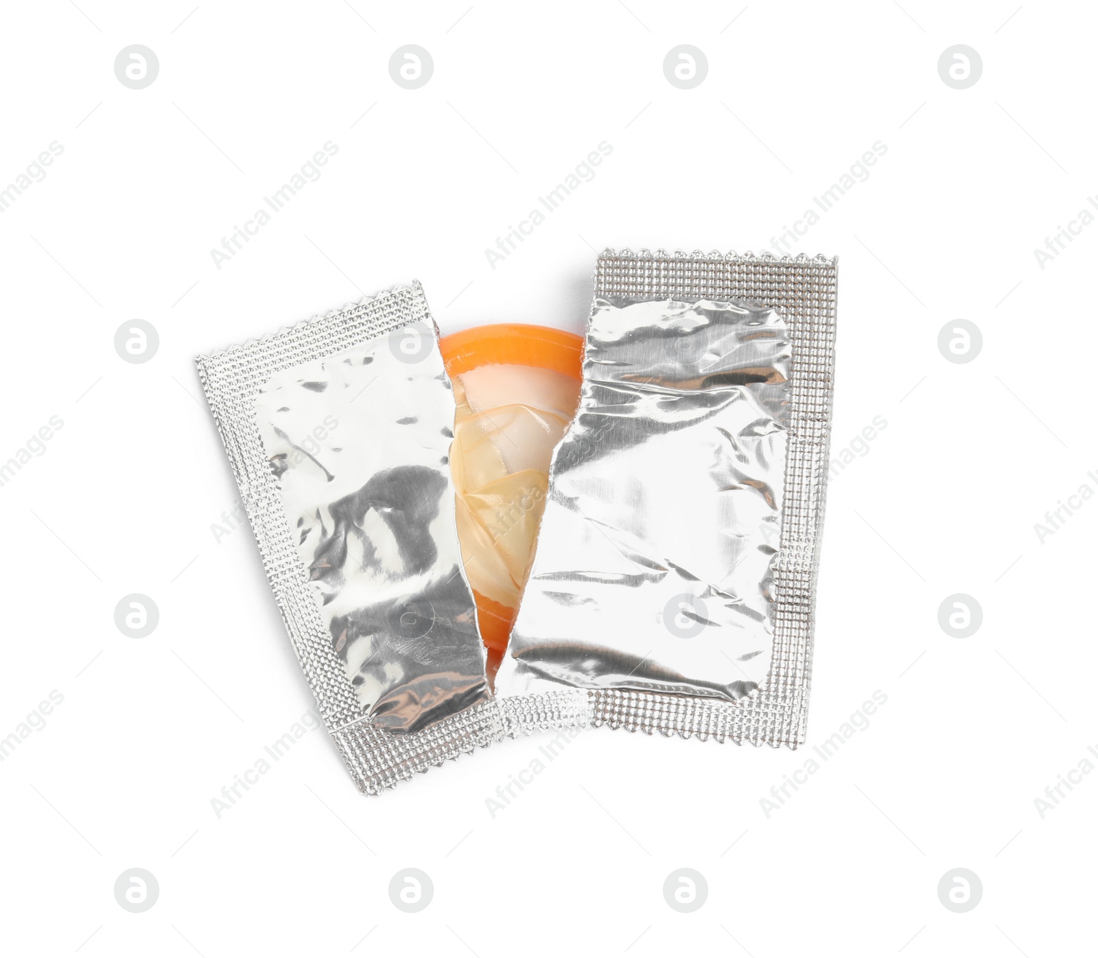 Photo of Torn condom package isolated on white, top view. Safe sex