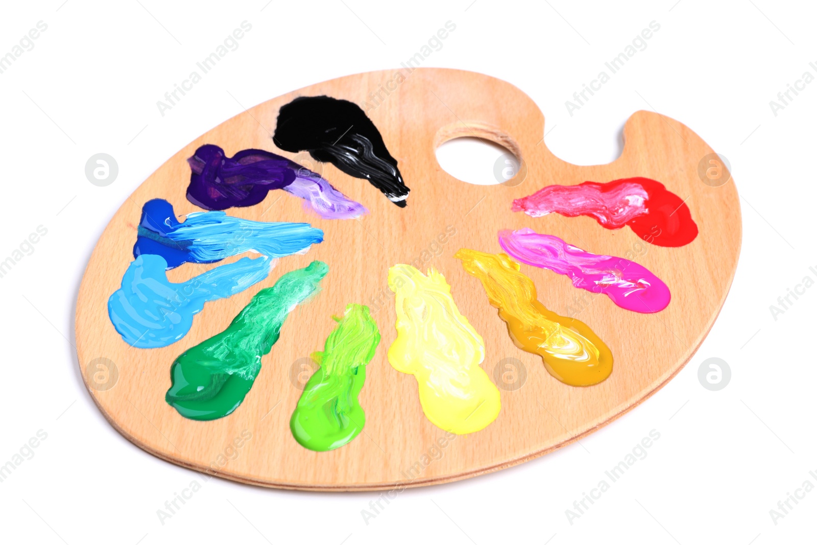 Photo of Palette with paints on white background. Artist equipment