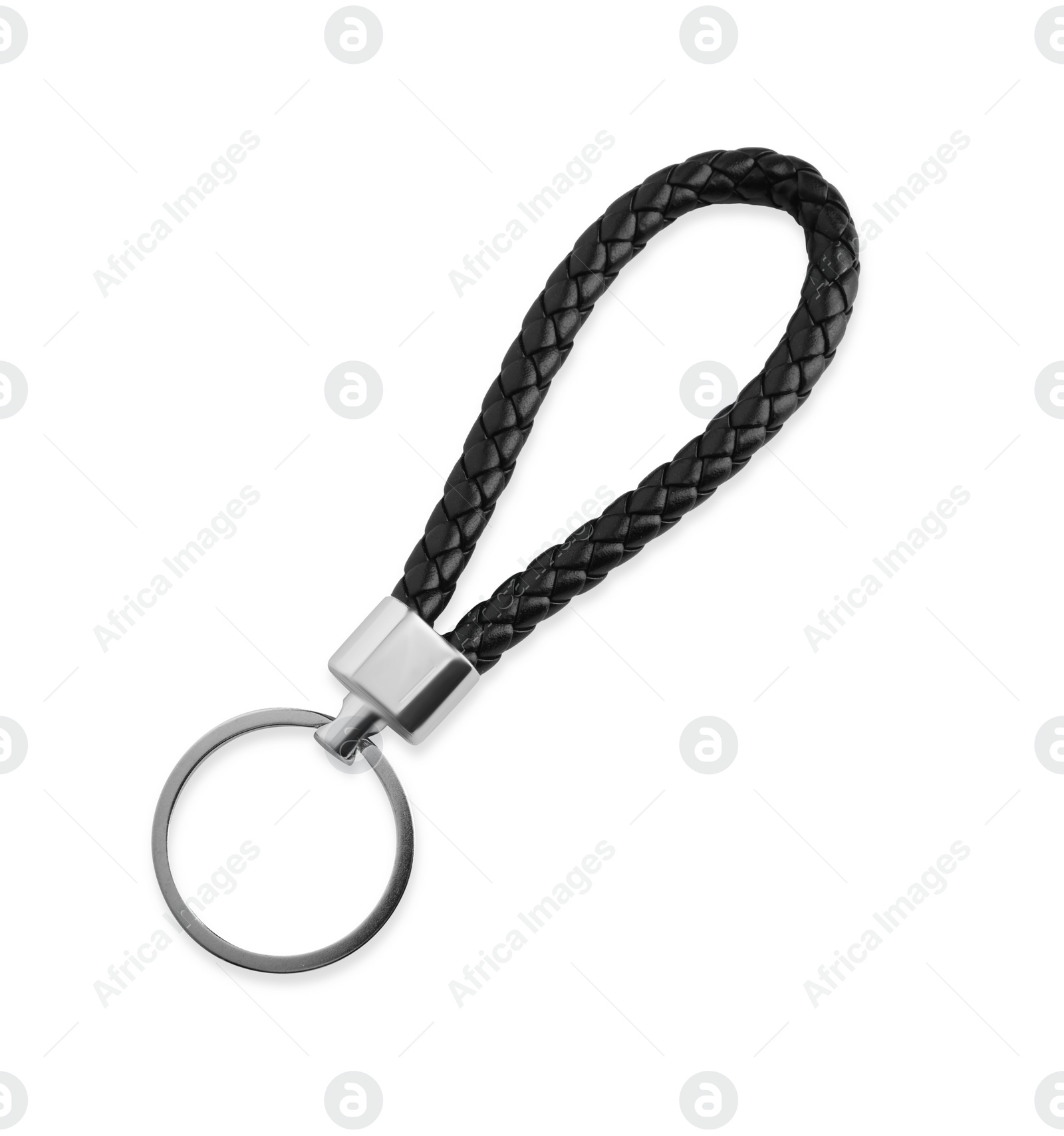 Photo of Black leather keychain isolated on white, top view