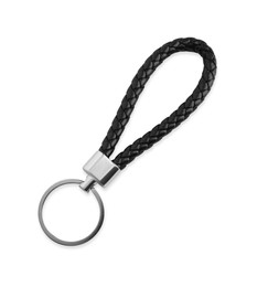 Photo of Black leather keychain isolated on white, top view