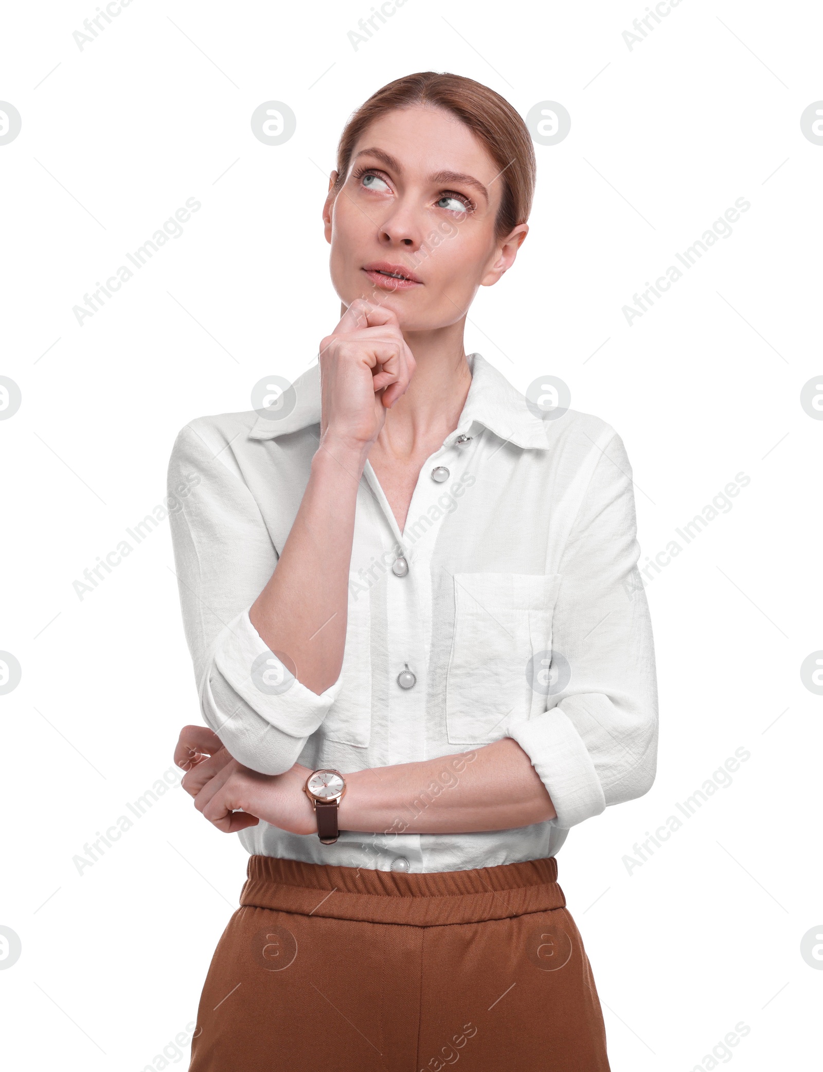 Photo of Portrait of beautiful businesswoman on white background