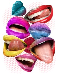 Image of Stylish art collage. Different lips on white background