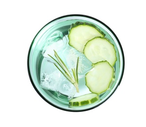 Photo of Glass of fresh cucumber water on white background, top view