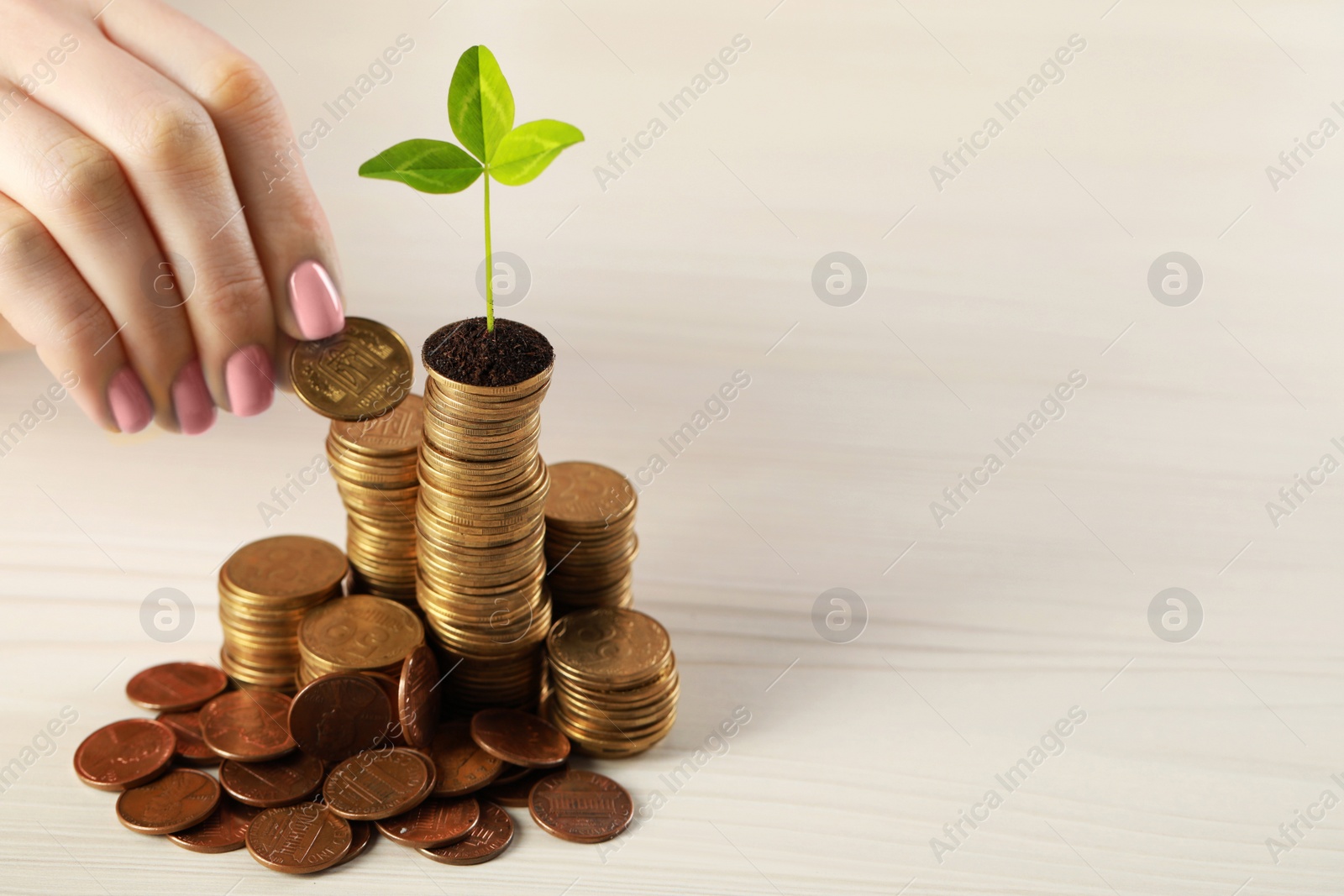 Photo of Woman putting coin onto stack with green sprout on white wooden table, closeup and space for text. Investment concept