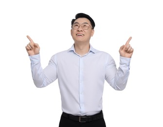 Photo of Businessman in formal clothes posing on white background