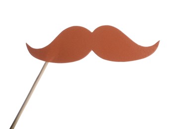 Photo of Fake paper mustache on stick against white background