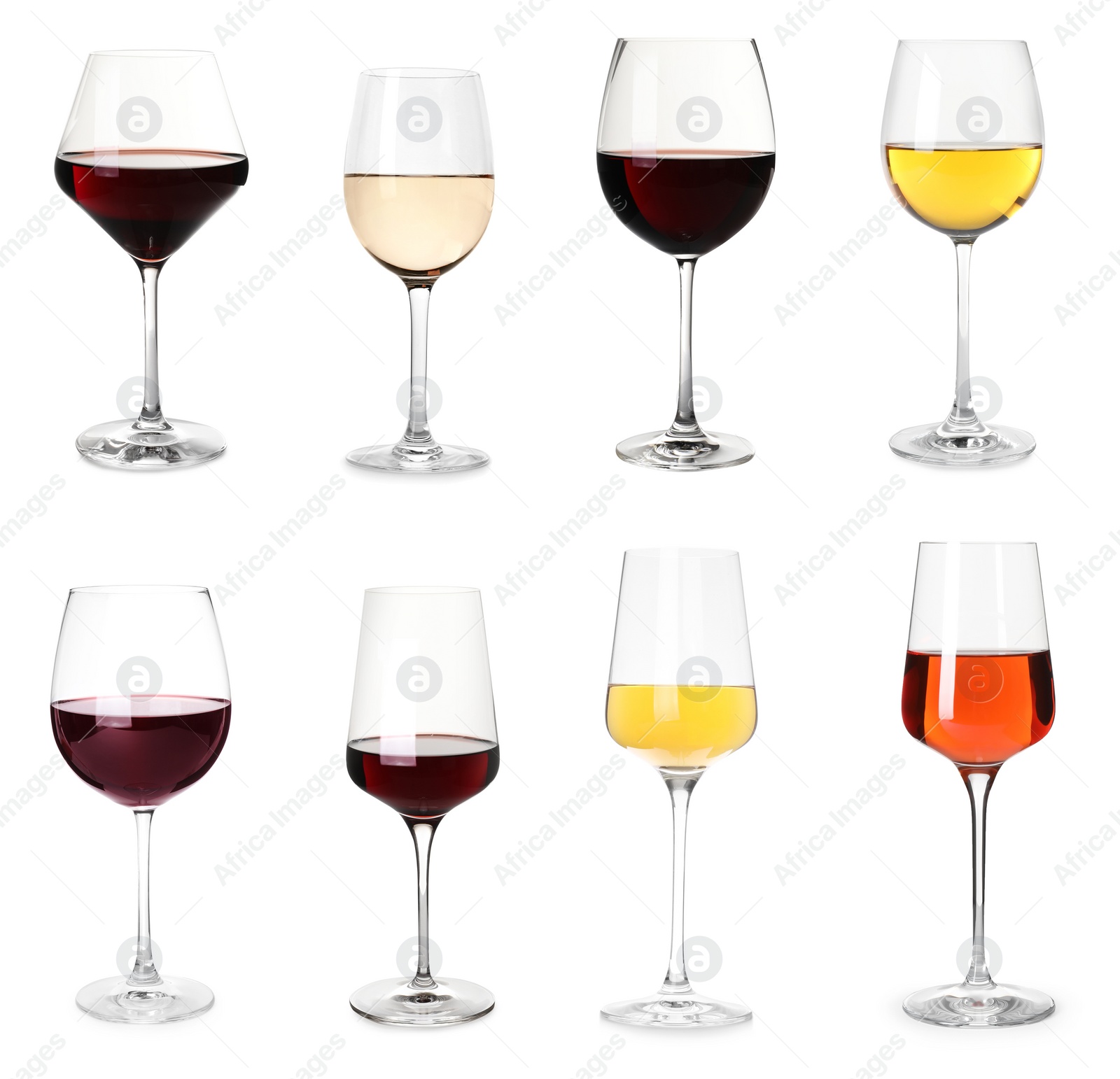 Image of Set with glasses of different delicious expensive wines on white background