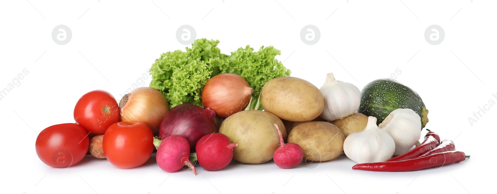 Photo of Pile of fresh ripe vegetables isolated on white