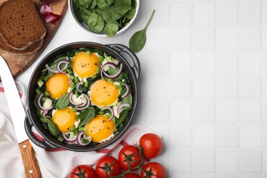 Photo of Flat lay composition with tasty Shakshouka and ingredients on white table. Space for text