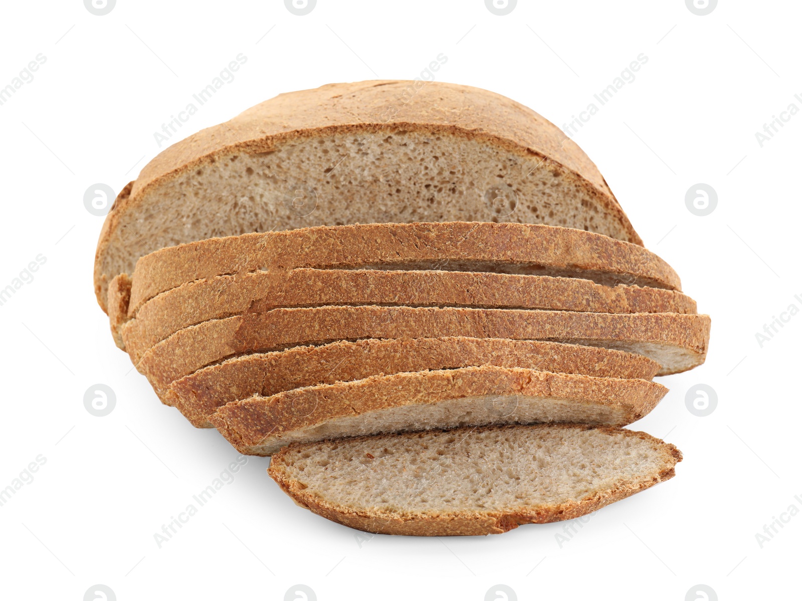 Photo of Freshly baked cut sourdough bread isolated on white