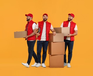 Delivery service. Happy courier with cardboard boxes on orange background, collage of photos