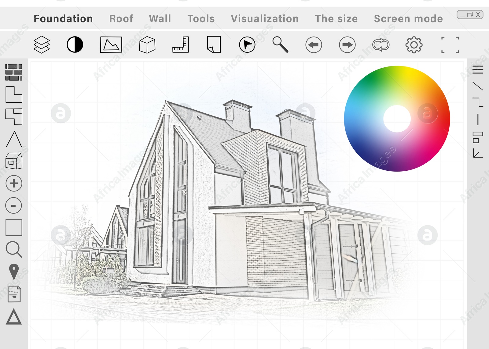 Image of Sketch of modern house on graphic tablet. Illustration