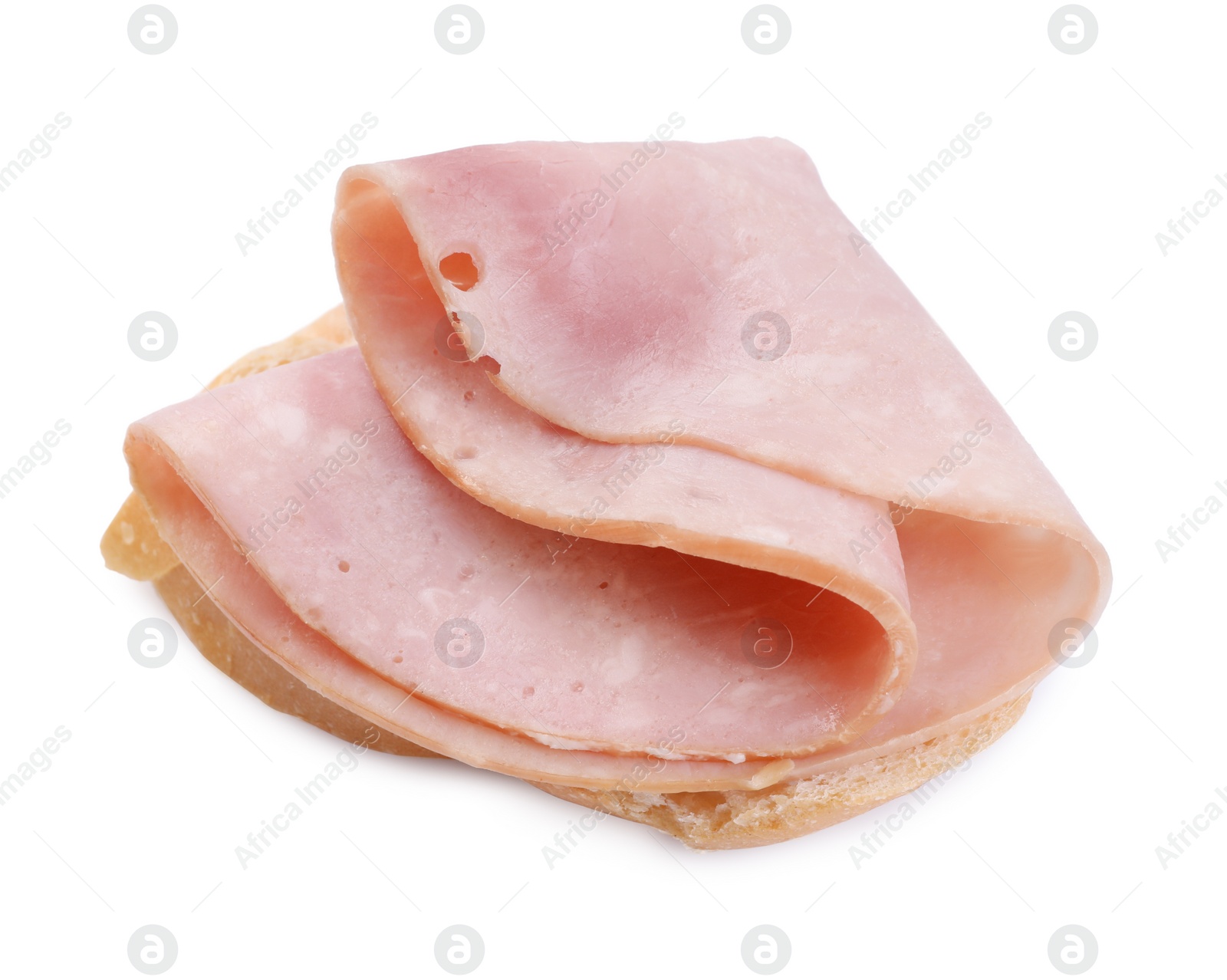 Photo of Piece of bread with tasty ham slice isolated on white