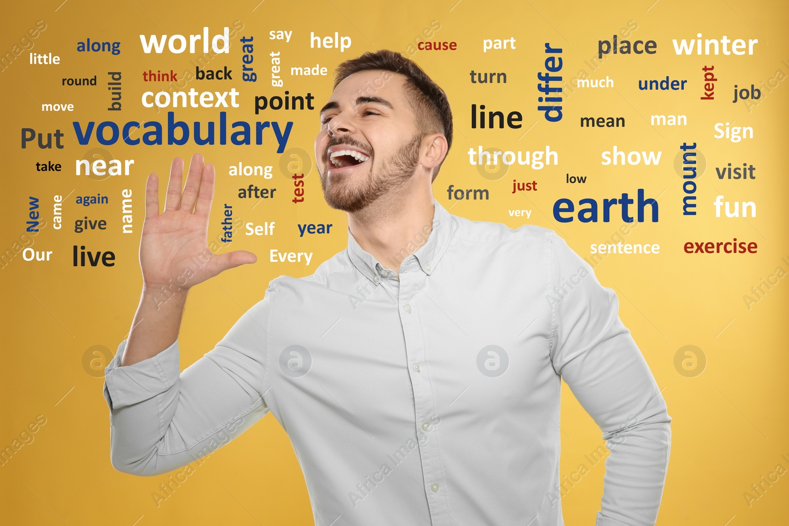 Image of Happy young man surrounded by word cloud on yellow background