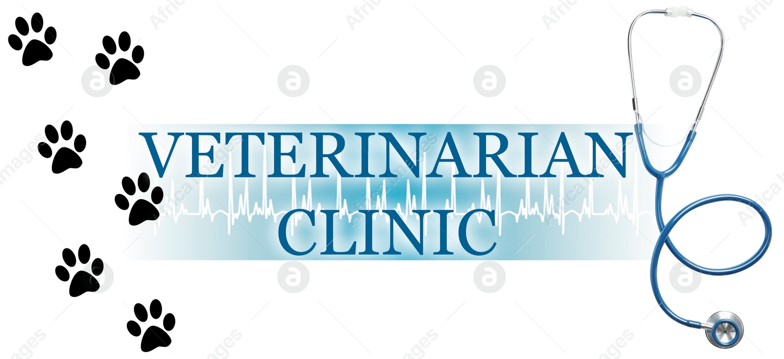 Image of Text VETERINARIAN CLINIC, stethoscope and pugmarks illustration on white background. Banner design