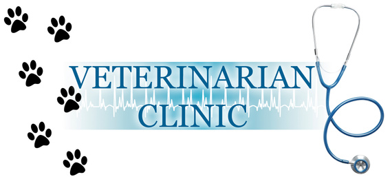 Image of Text VETERINARIAN CLINIC, stethoscope and pugmarks illustration on white background. Banner design