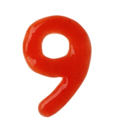Photo of Number 9 written with red sauce on white background
