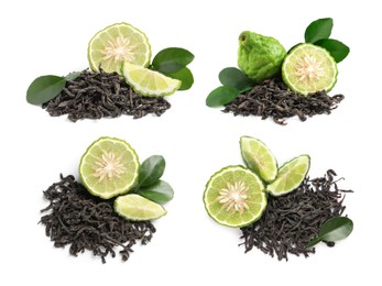 Image of Set with dry tea leaves and bergamot fruits on white background 