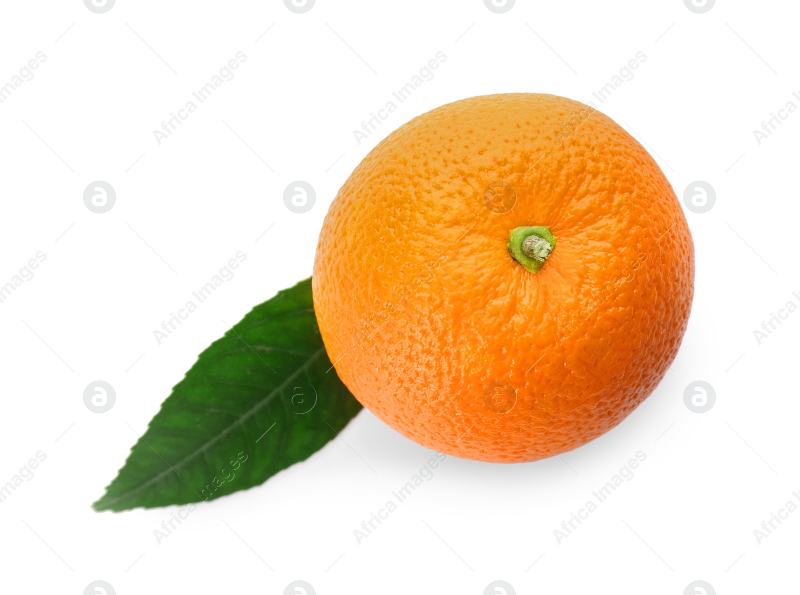 Photo of Fresh ripe orange with green leaf isolated on white, top view