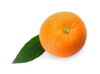 Fresh ripe orange with green leaf isolated on white, top view