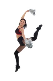 Photo of Beautiful cheerleader with pom poms jumping on white background