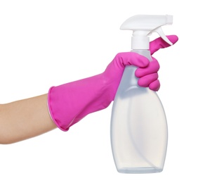 Woman holding spray bottle with detergent on white background, closeup
