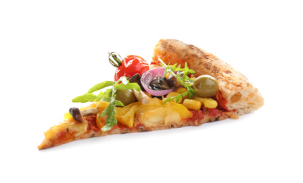 Slice of tasty vegetable pizza isolated on white