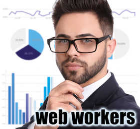 Image of Confident young businessman and schemes. Web workers