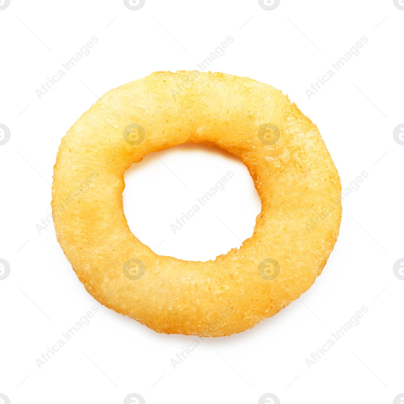 Photo of Freshly cooked onion ring on white background, top view