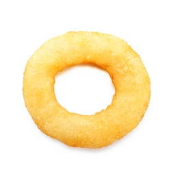 Freshly cooked onion ring on white background, top view