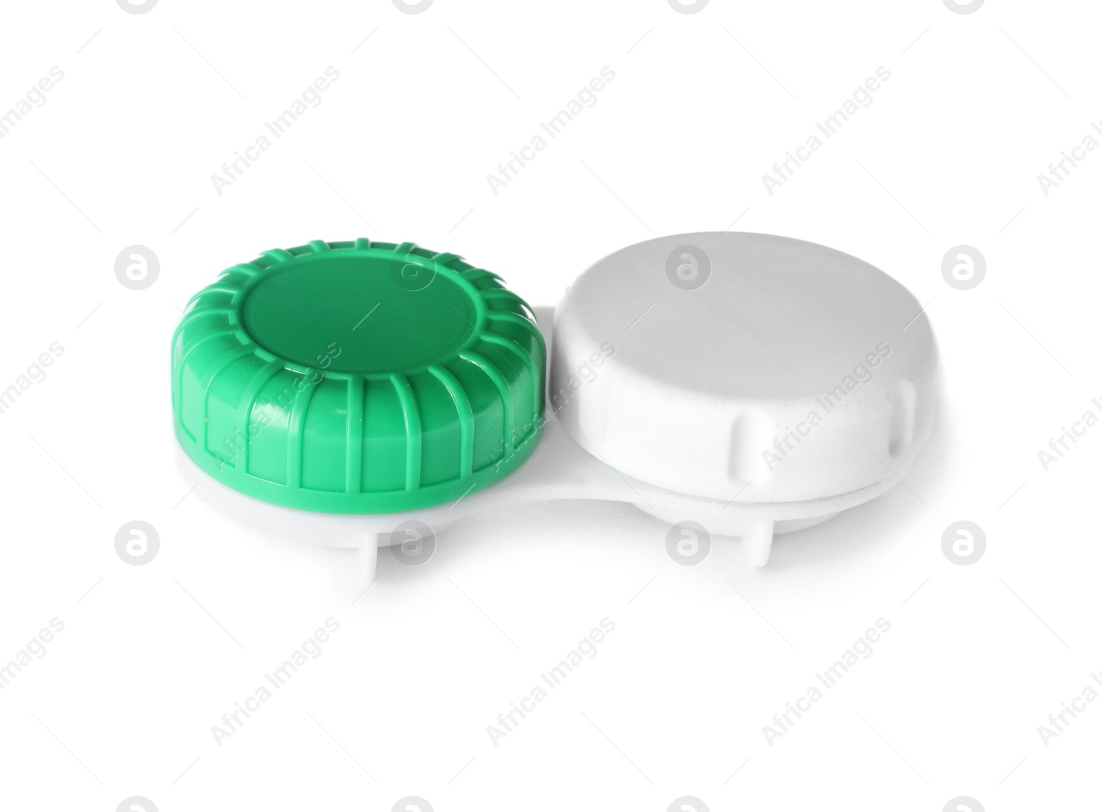 Photo of Container with contact lenses on white background. Medical item