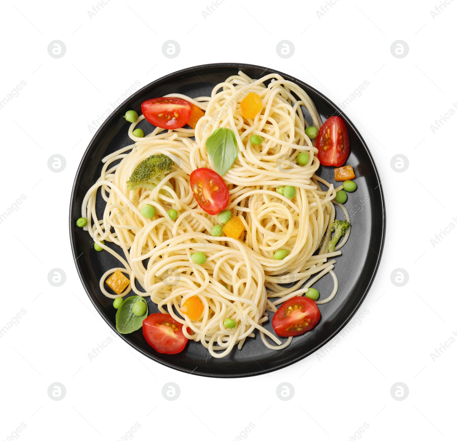 Photo of Plate of delicious pasta primavera isolated on white, top view