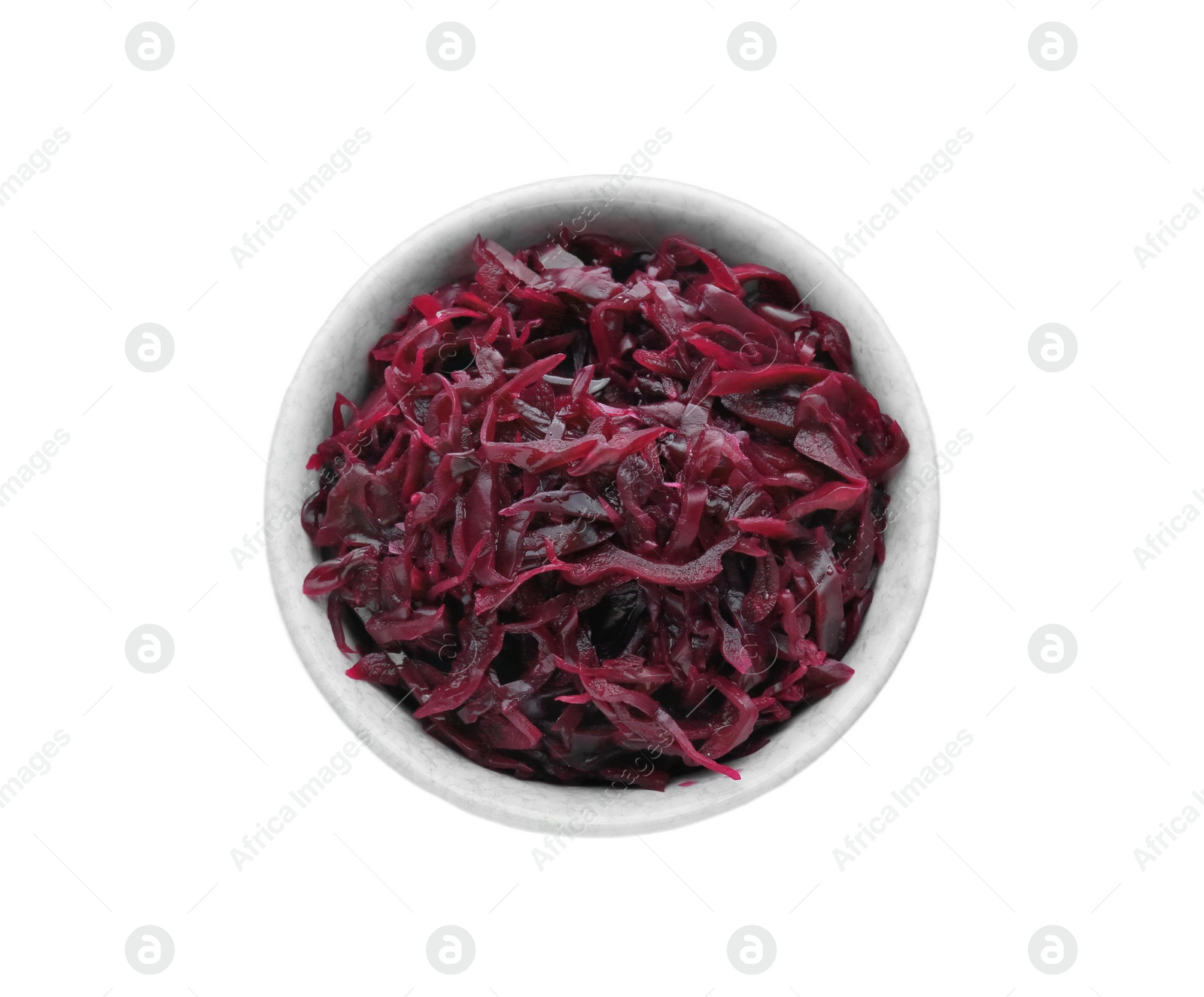 Photo of Bowl with tasty red cabbage sauerkraut isolated on white, top view