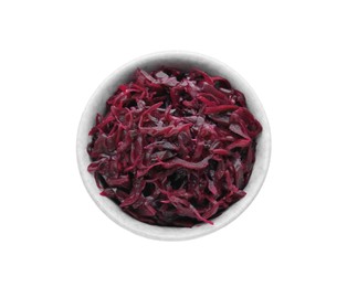 Photo of Bowl with tasty red cabbage sauerkraut isolated on white, top view