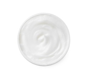 Jar of body cream isolated on white, top view