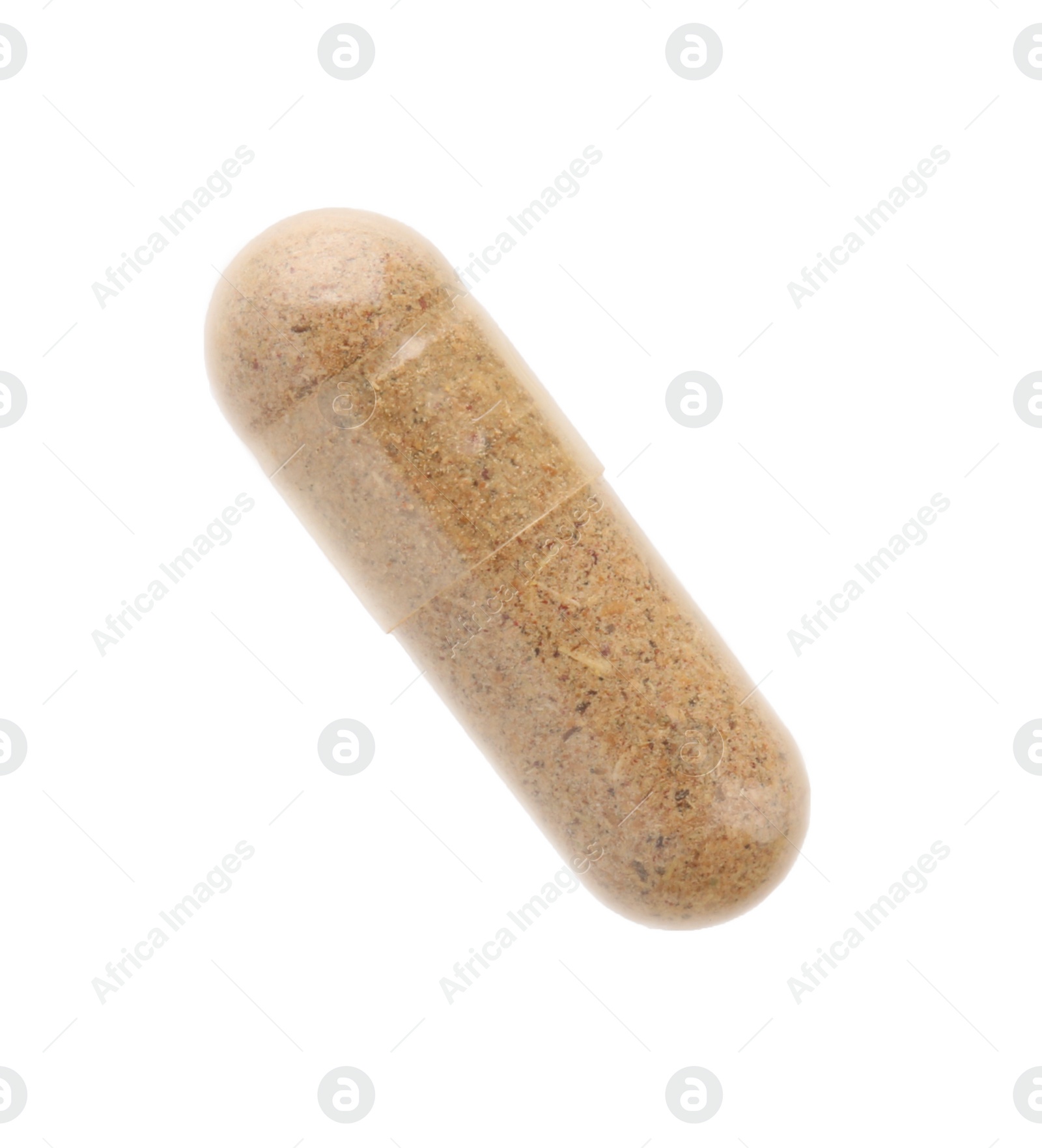 Photo of One vitamin capsule isolated on white, top view