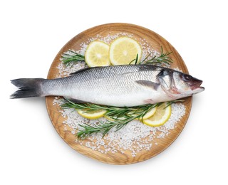 Photo of Tasty sea bass fish and ingredients isolated on white, top view