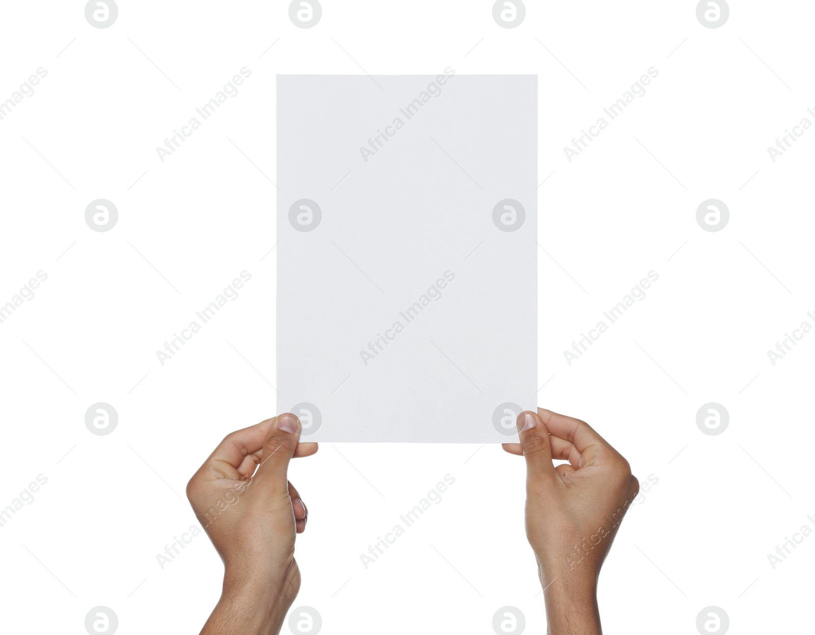 Photo of Man holding sheet of paper on white background, closeup. Mockup for design