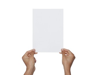 Photo of Man holding sheet of paper on white background, closeup. Mockup for design