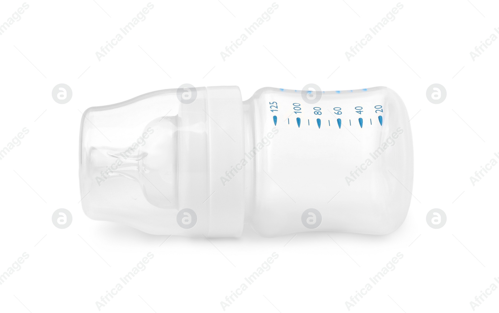 Photo of One empty feeding bottle for infant formula isolated on white