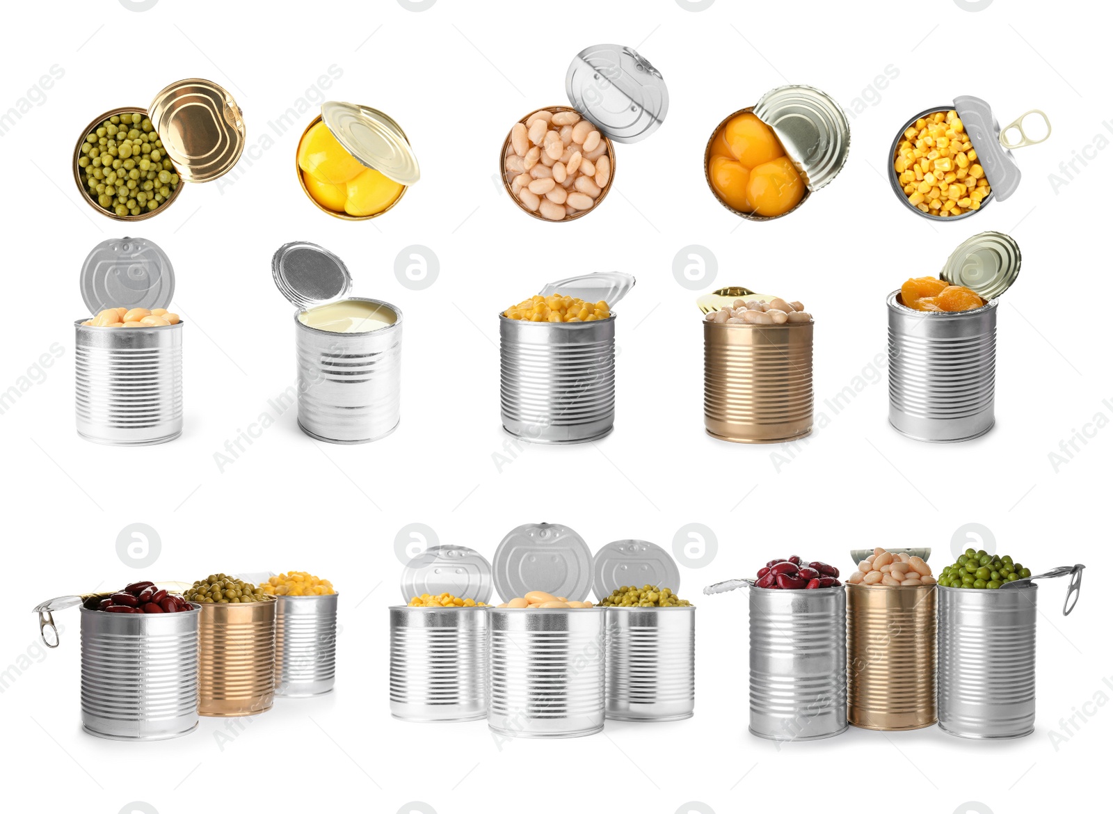 Image of Set of different canned food on white background