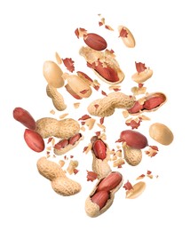 Image of Many peanuts in air on white background