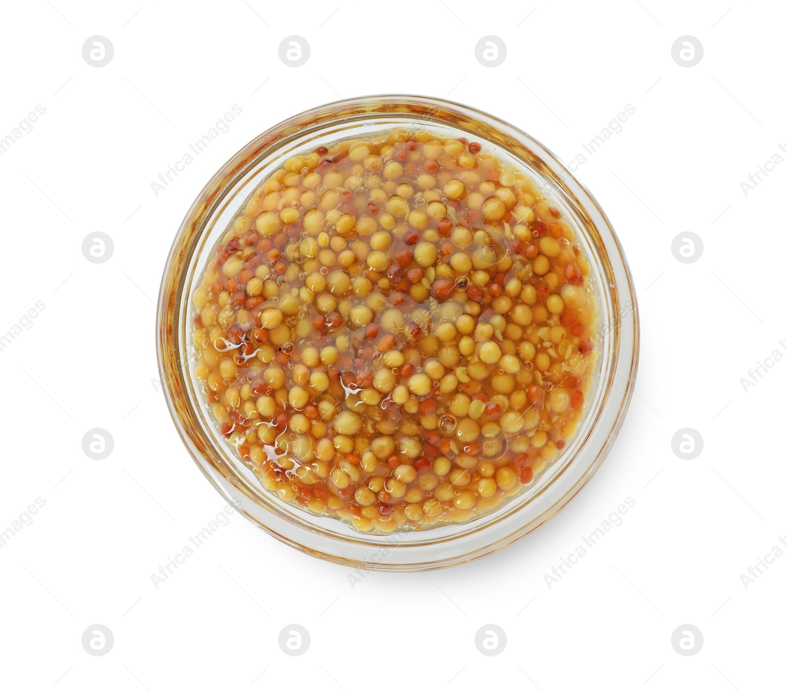 Photo of Fresh whole grain mustard in bowl isolated on white, top view