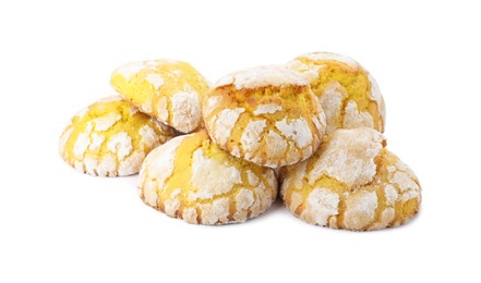 Photo of Tasty homemade lemon cookies on white background