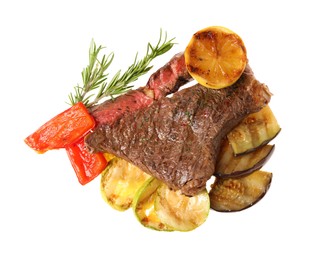 Photo of Delicious grilled beef steak with vegetables, spices and lemon isolated on white, top view